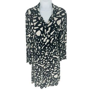 Chicos Travelers Dress Womens Medium Black White Shirt Dress Slinky Stretch